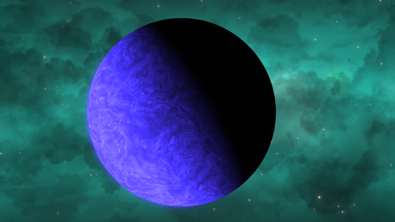 CGI close up of cloudy bright blue alien planet slowly moving in front view with a light green nebula cloud in the background, deep space, wide view