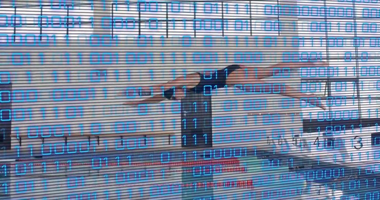 Diving athlete reacting to binary overlay bending and springing from board into dive for analytics