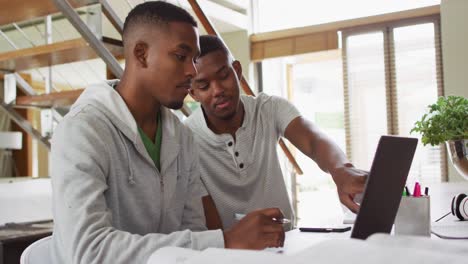Two-african-american-teenage-twin-brothers-using-a-laptop-and-talking