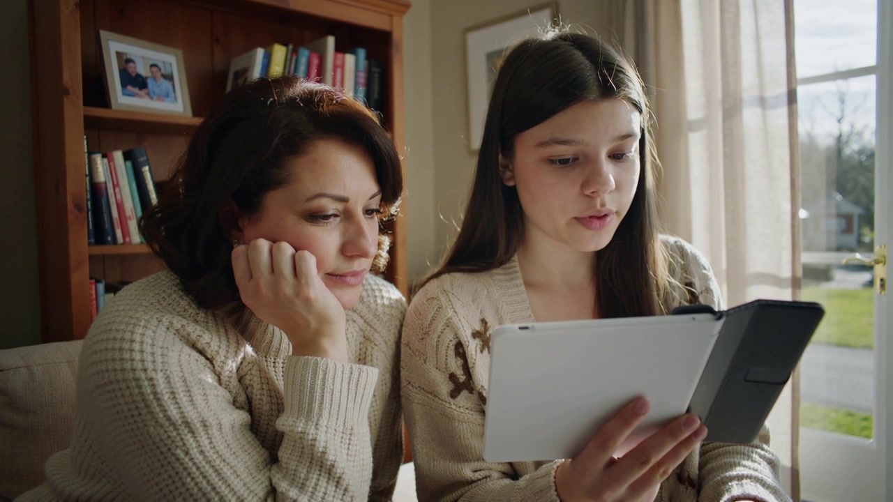 Tapping tablet, daughter practicing reading, mother watching on sofa at home, wearing knit sweaters