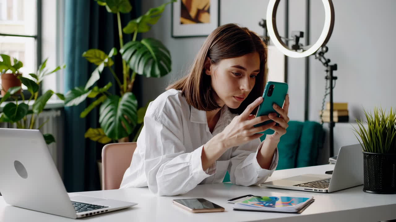 Woman using smartphone in a home office setting.