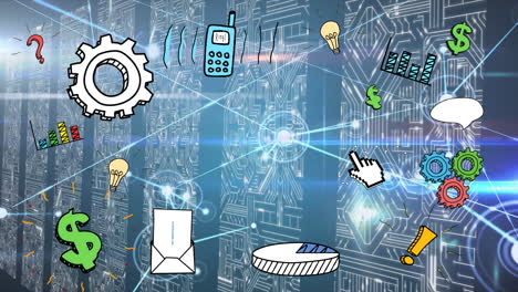 animación de la red de conexiones e iconos comerciales sobre fondo azul