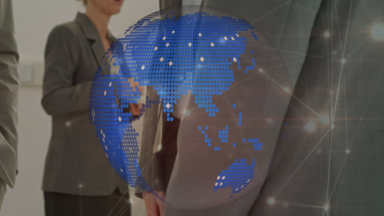 animación del globo sobre la gente de negocios apretón de manos