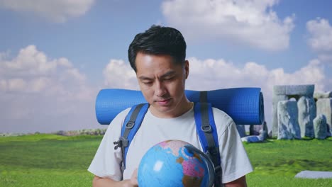 smiling traveler with backpack and globe in front of ancient stones