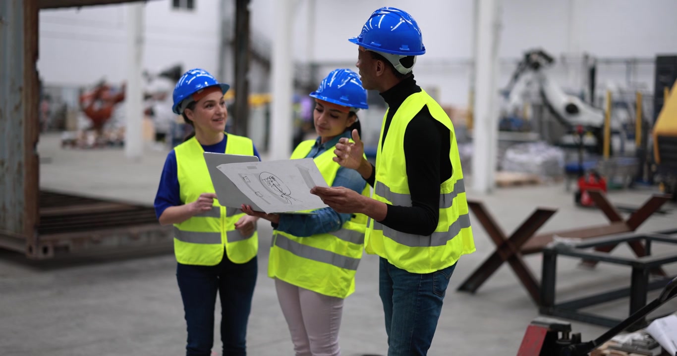 Engineers Discussing Technical Blueprint in Industrial Factory