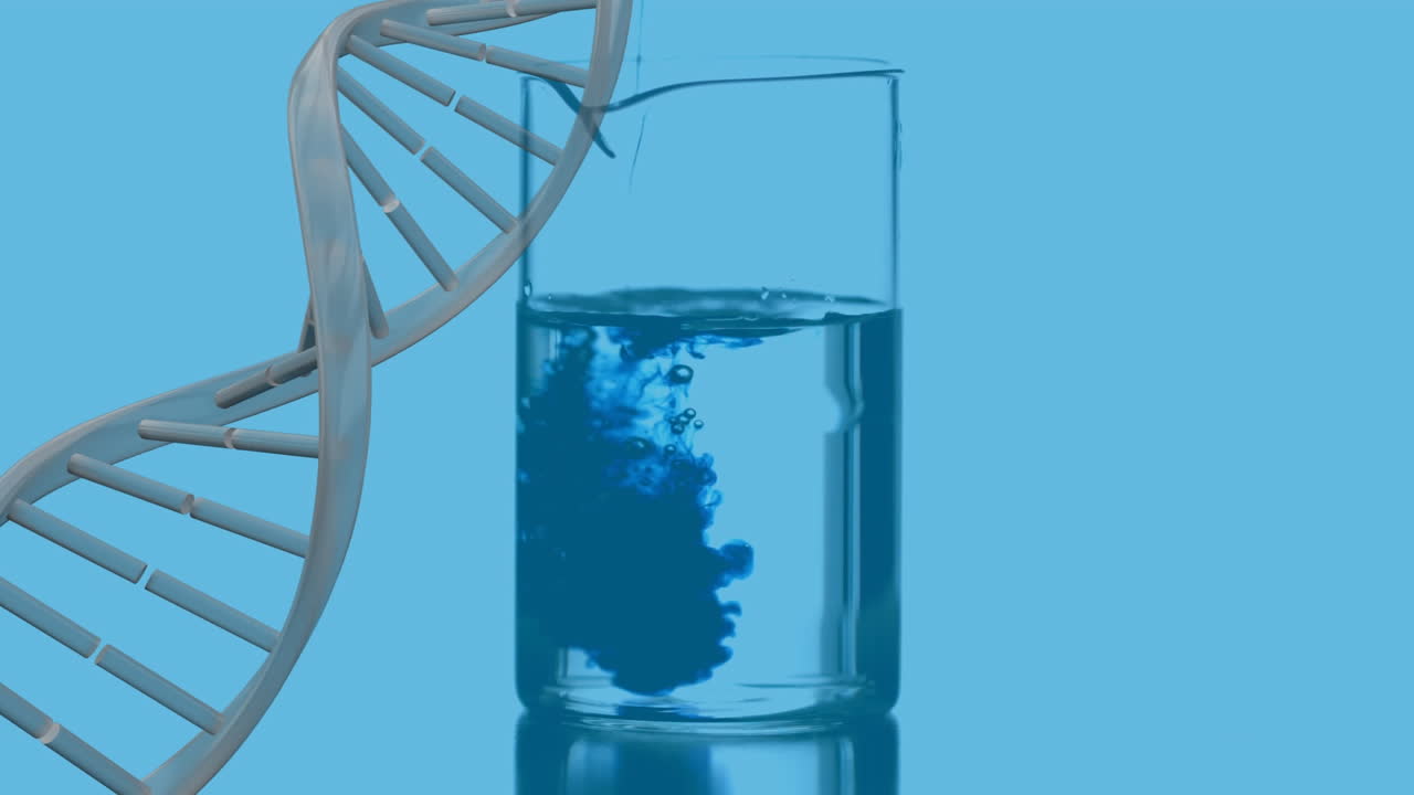 추상적인 배경에 테이블 위에 비커에 떨어지는 파란 액체 위의 dna 나선의 애니메이션