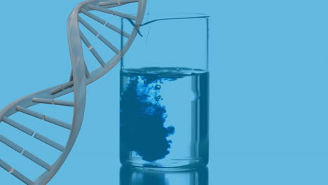 animación de una hélice de adn sobre un líquido azul que cae en un vaso sobre la mesa contra un fondo abstracto.