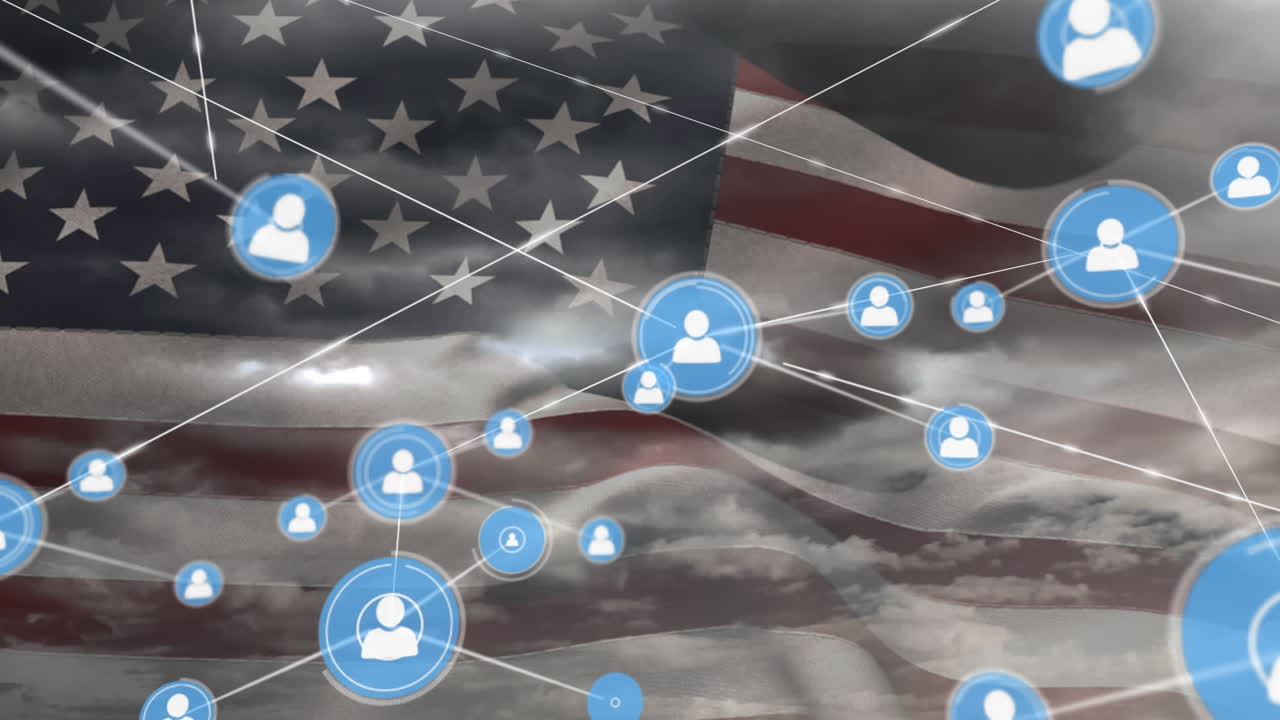 animación de la red de conexiones de iconos con la gente sobre la bandera de ee.uu. y las nubes