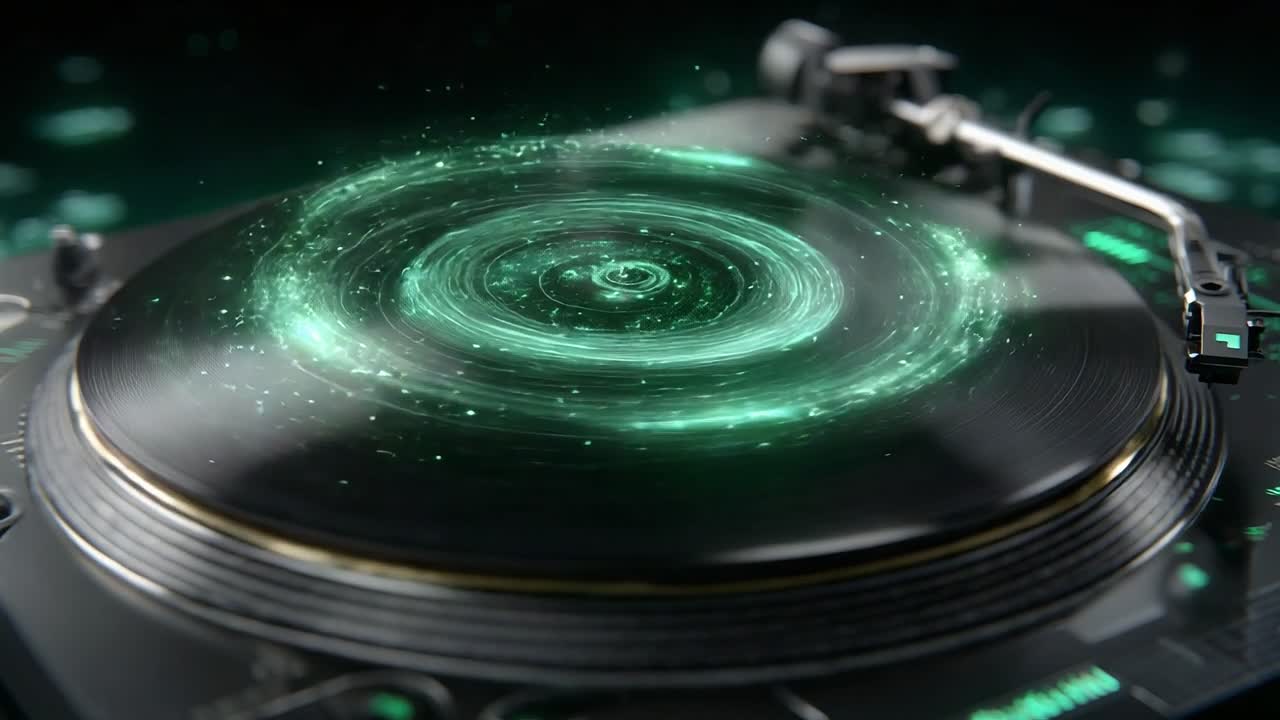 A Captivating Close-Up of a Turntable with a Mesmerizing Swirl of Green Light and Sparkles, Enhancing the Artistic Vibe of Vinyl Playing Experience