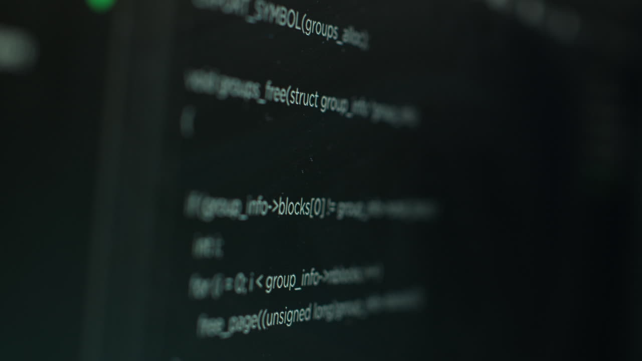 Extreme close up shot of hacking code running on computer system monitors