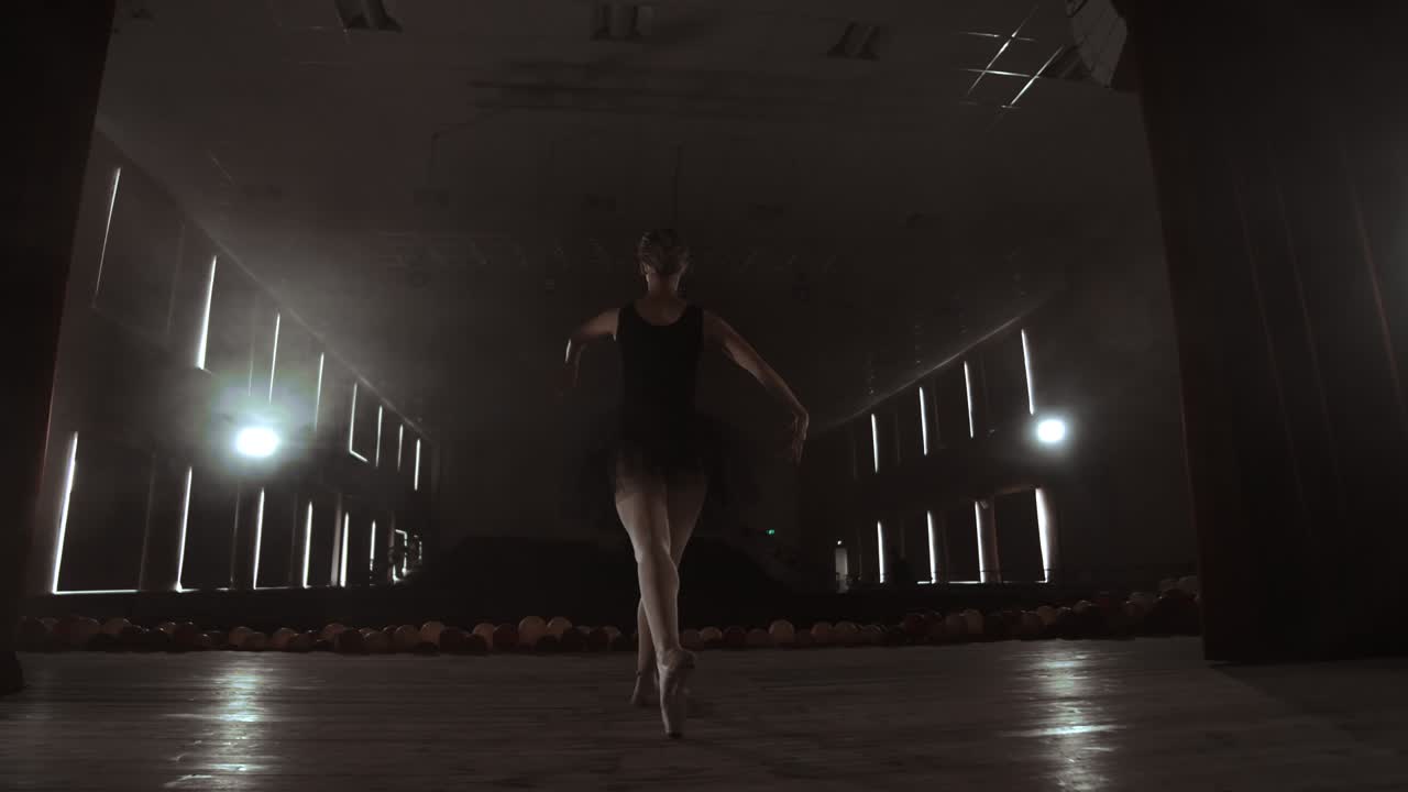 Prima ballet theatre on stage rehearsing performance in the smoke