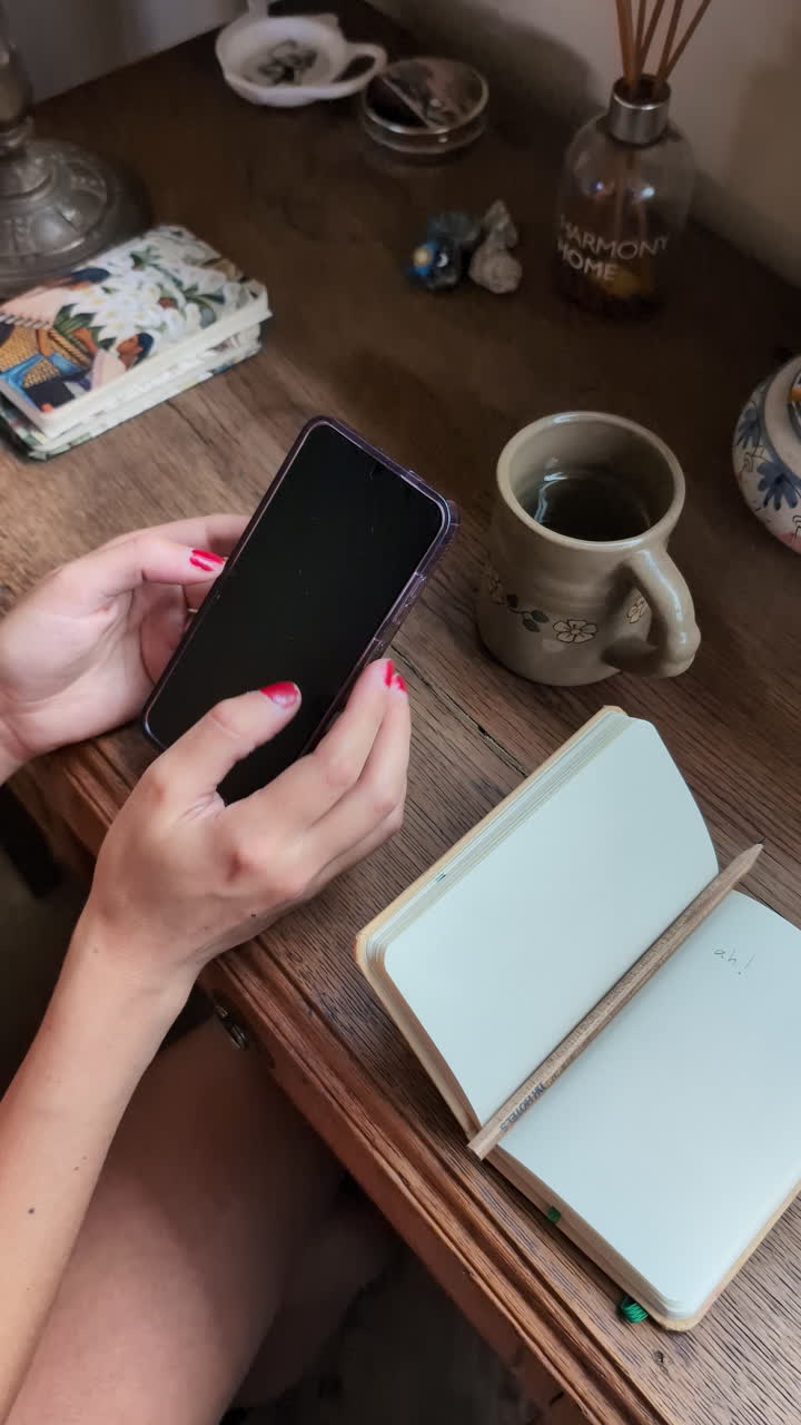 Manos tocando y deslizando en un smartphone en un escritorio de madera
