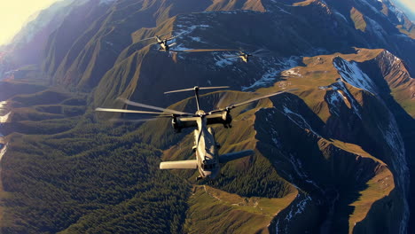 military helicopters over mountain ranges