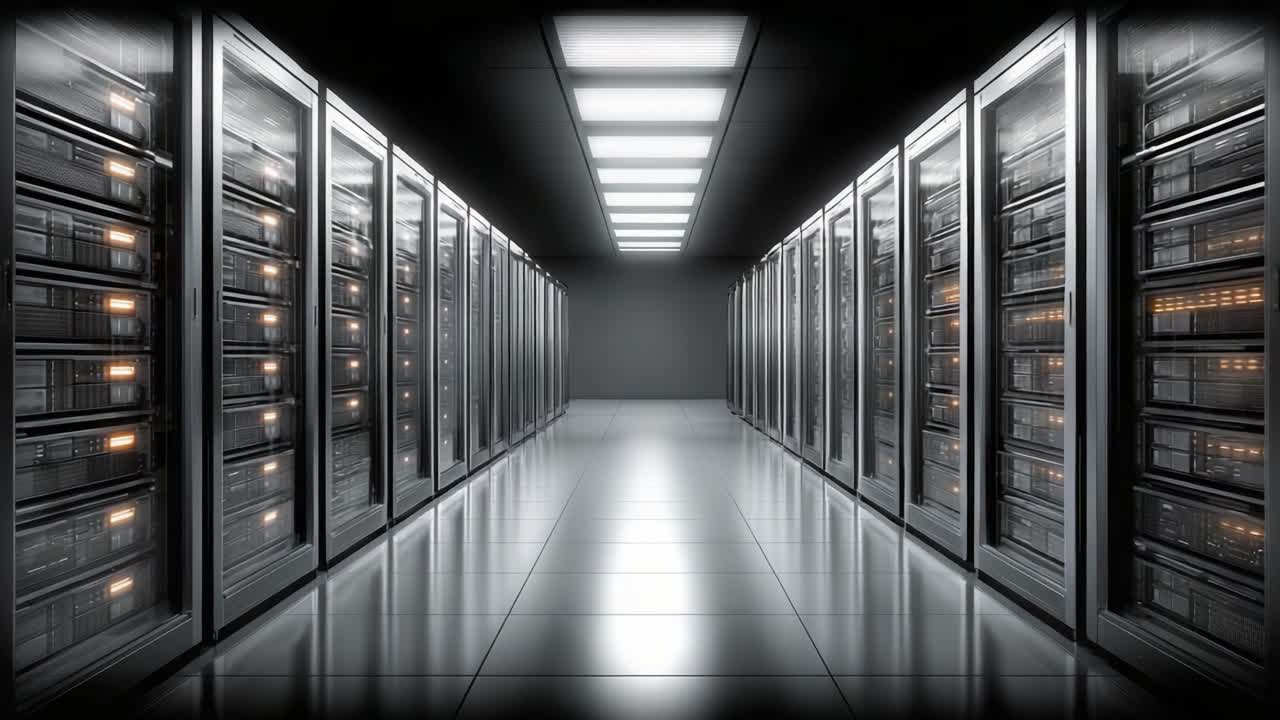 A Modern Data Center Featuring Rows of High-Tech Servers Illuminated in a Sleek, Minimalistic Environment with Bright Lighting and Reflective Surfaces