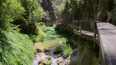 a beautiful turquoise stream inside a gorge with a wooden walkway. pure waters. rio borosa. cazorla national park. spain