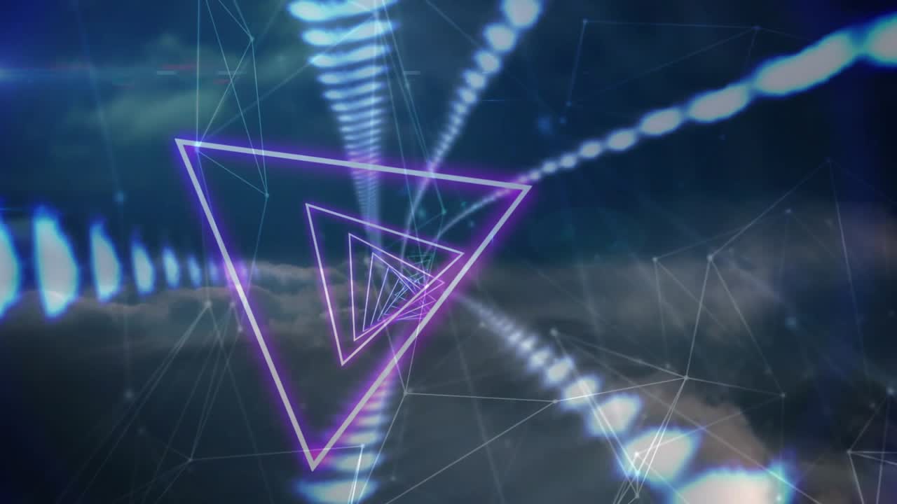 Vanishing pulse starting neon triangles growing, tilting and pulsing dots for motion above clouds