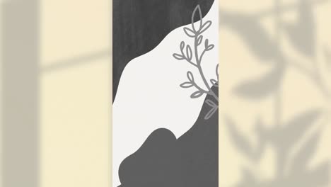 Animation-Grauer-Blattformen-Auf-Einem-Vertikalen-Weißen-Panel-Mit-Blattschatten-Auf-Beigem-Hintergrund
