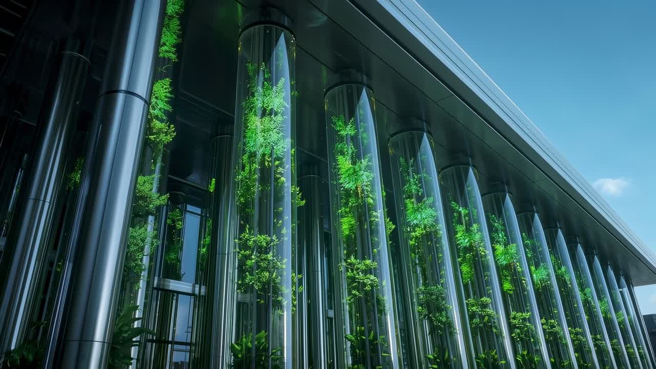 Panning camera along building facade, tilting up and right to reveal glass tubes and metal columns