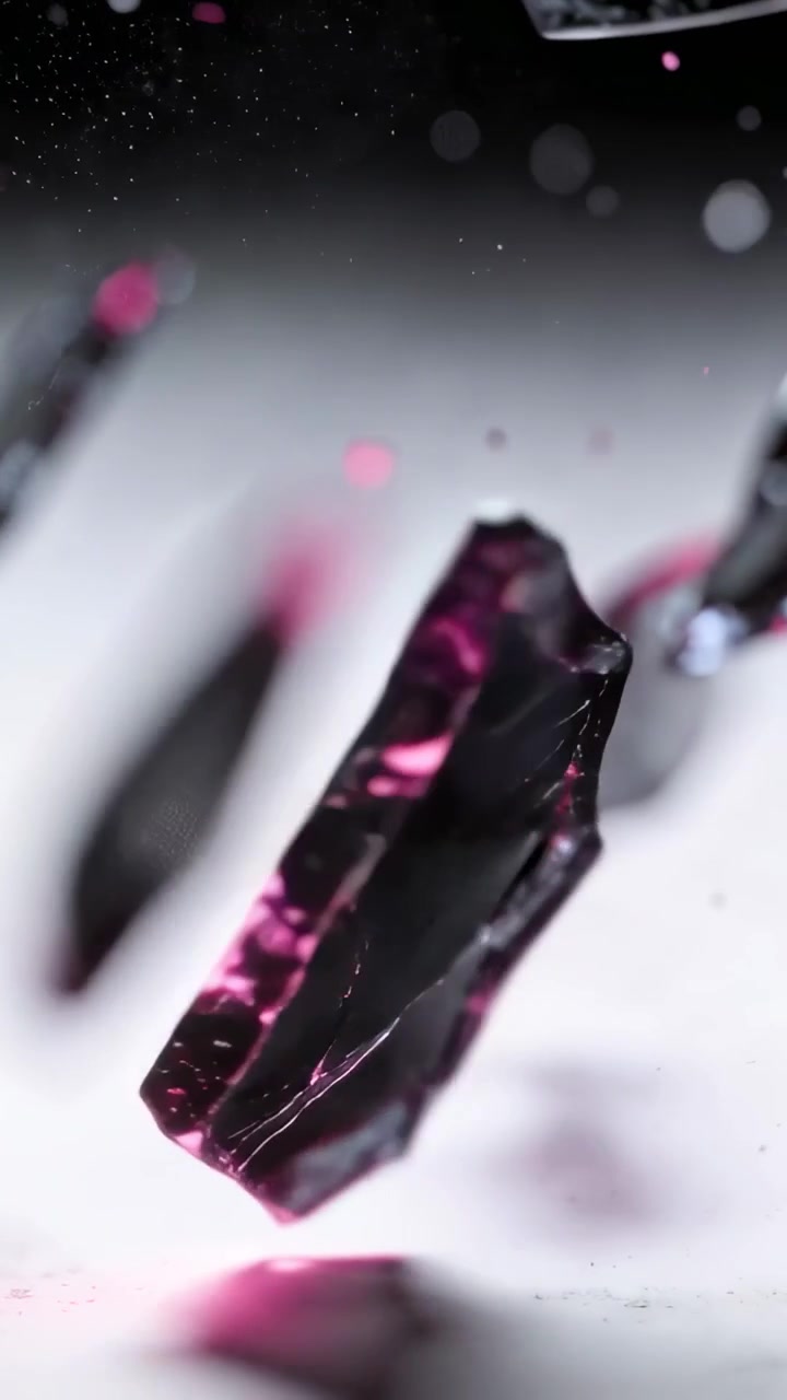 Vertical video: Rotating dark shard dropping to studio floor as shards entering creating pink glow