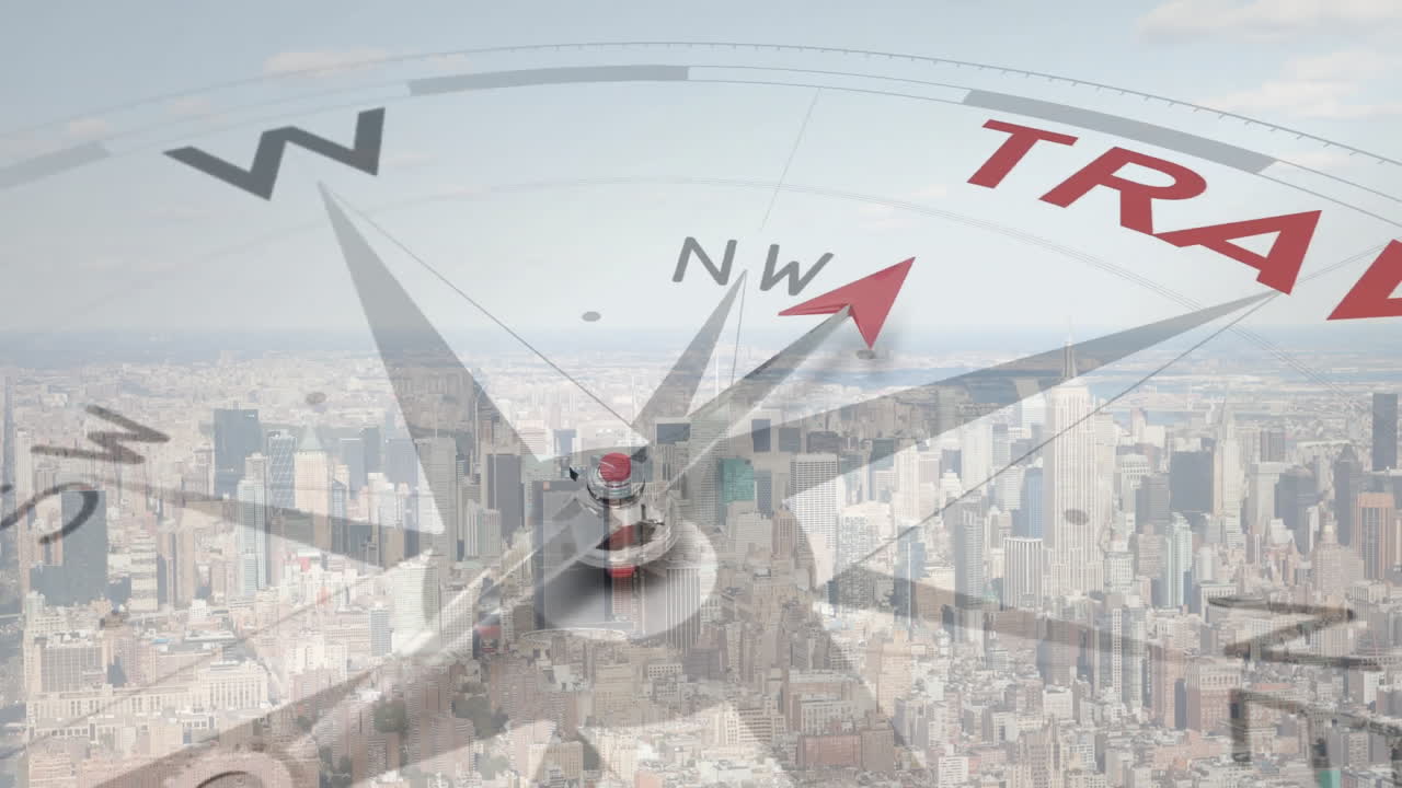 Compass pointing to TRAVEL animation over cityscape