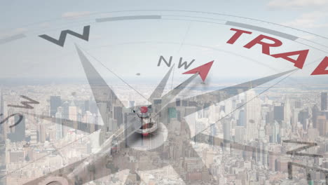 compass pointing to travel animation over cityscape