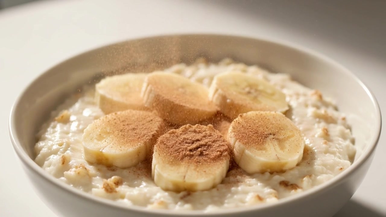 Cannella in polvere che si sparge su una ciotola di porridge con fette di banana