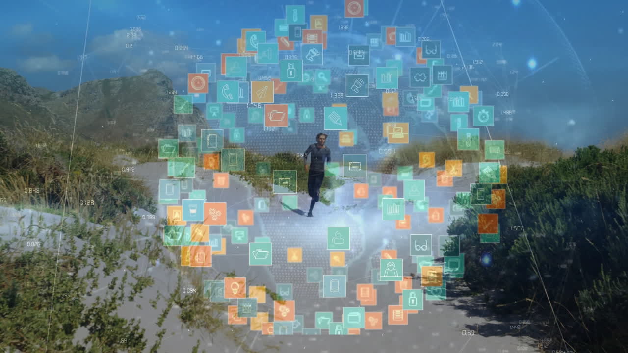 Man jogging along sandy dune path, displaying floating tech icons and graphs for fitness technology