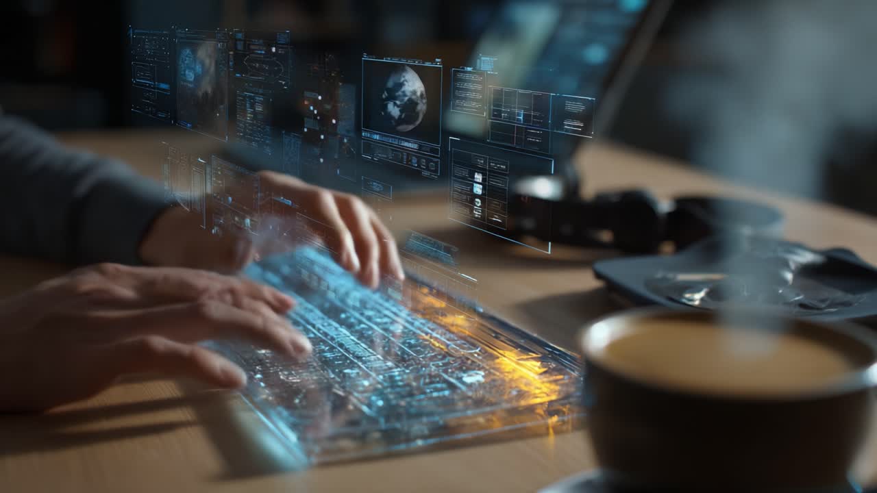 A Futuristic Workstation: Engaging with Advanced Technology Through a Transparent Keyboard, Displaying Data Visualizations and Digital Interfaces Above a Sleek Coffee Setup Amidst a Creative Workspace Environment