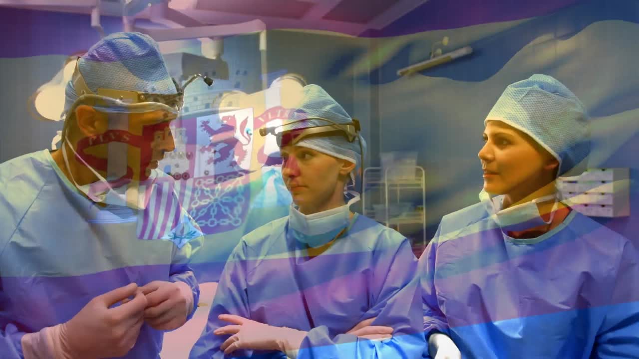 수술실에서 외과 의사 들 위 에 스페인 국기 가 흔들리는 애니메이션