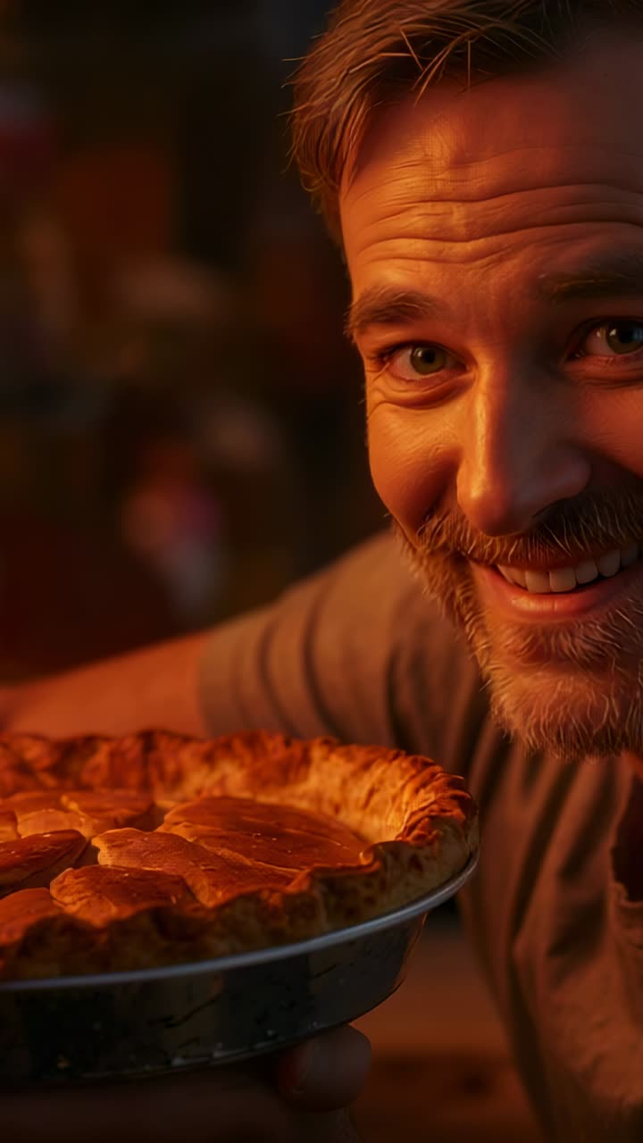 Vertical video: Camera zooming, man presenting baked pie in home kitchen to share, pie pan visible