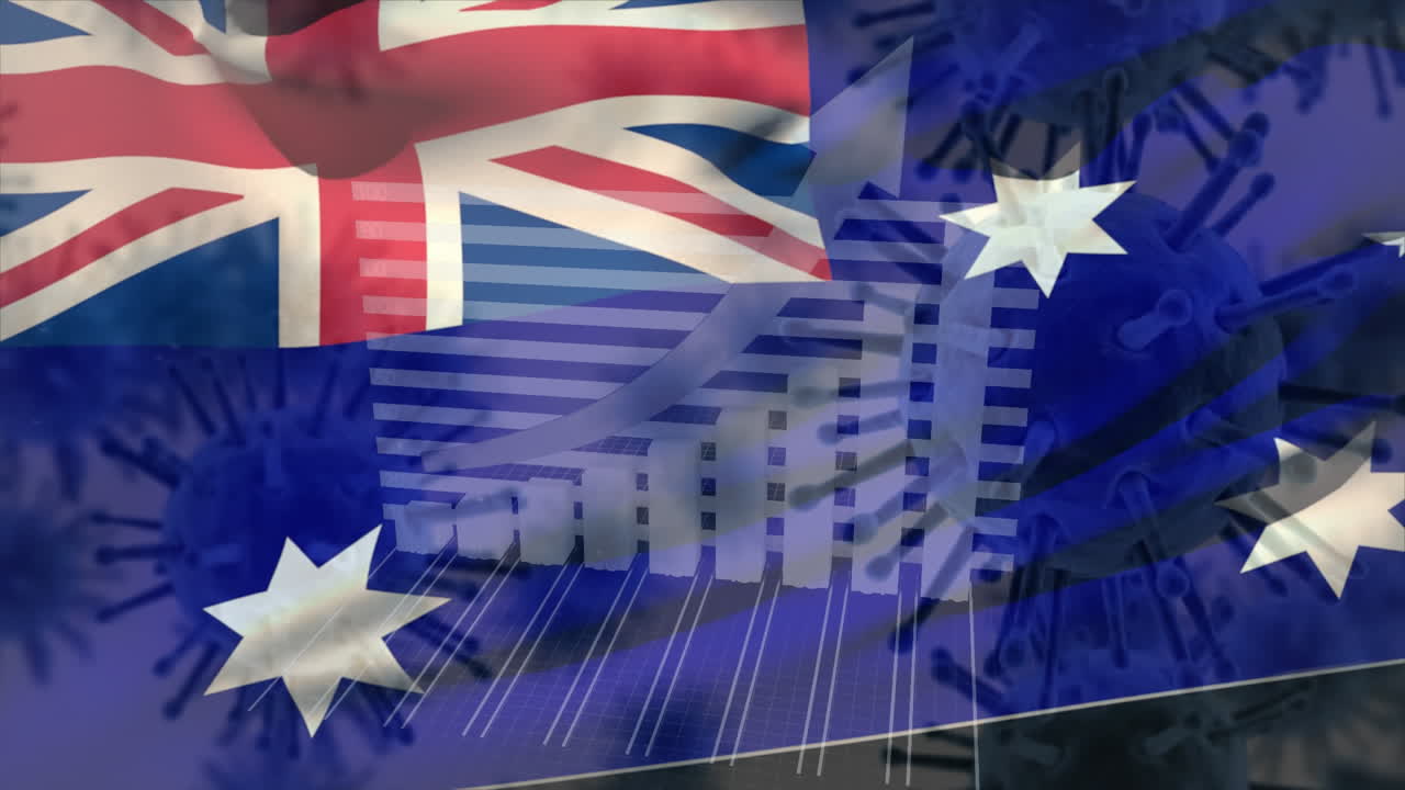 맥로 코로나 바이러스가 퍼져나가고 호주 국기가 배경에 떠다니고 있습니다.