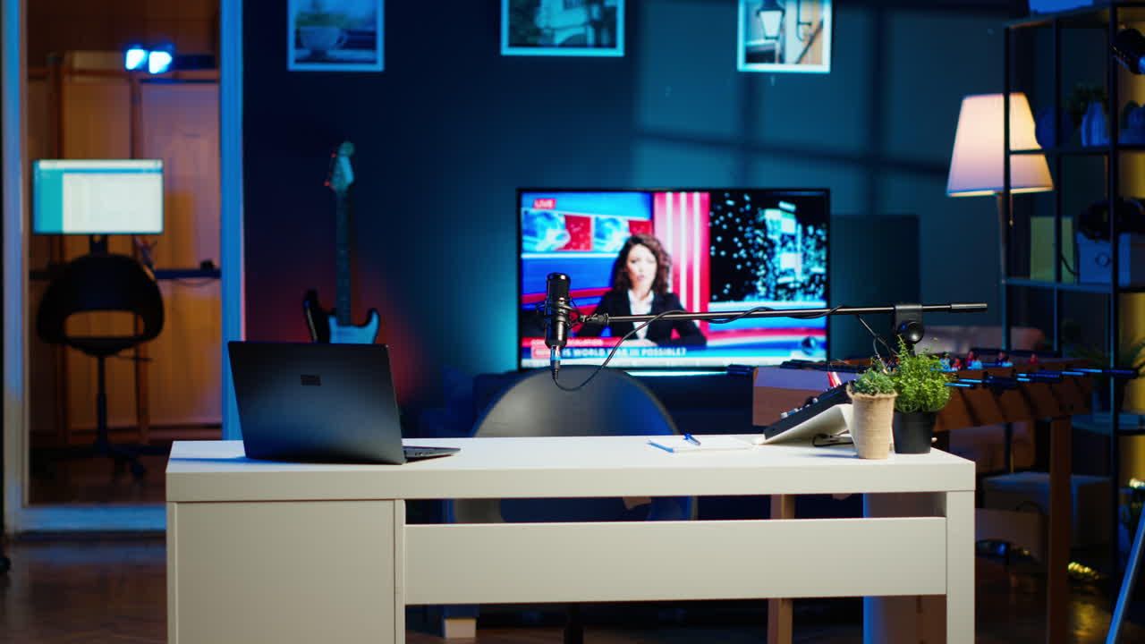dispositivo de portátil sentado en la mesa, transmisión de noticias en ejecución en la tv en el fondo