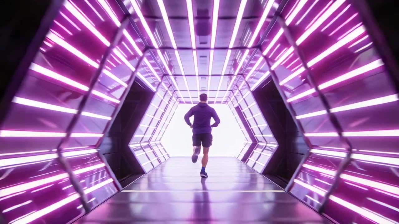 Muž sprintující směrem k jasnému východu skrz šestihranný LED tunel, v sportovním oblečení.