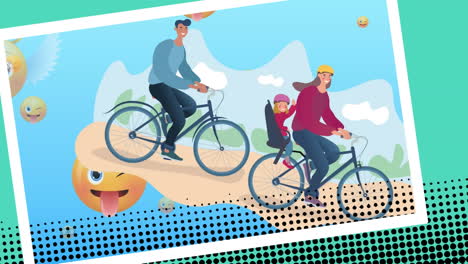 animación de la familia en bicicleta juntos iconos y iconos emoji en fondo azul
