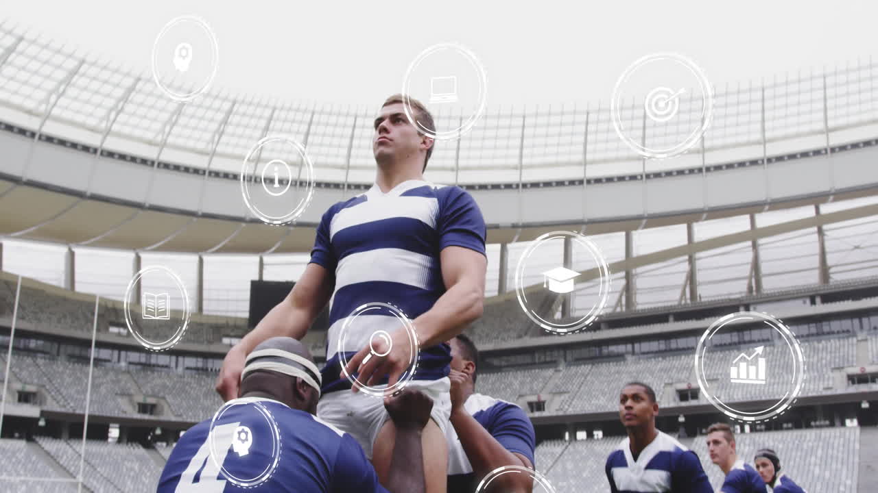 In stadium, rugby players with animation of digital icons for technology connectivity
