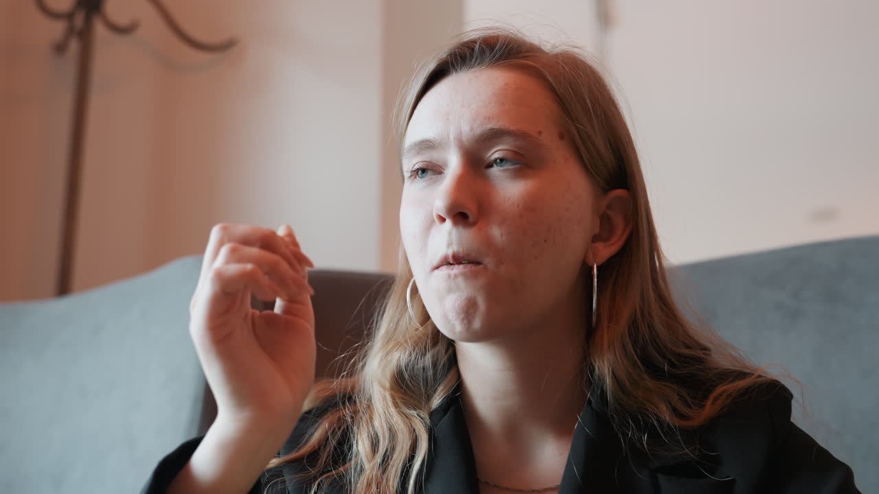 Donna che assaggia un integratore sul divano, ritratto ravvicinato con luce naturale calda, espressione pensierosa, movimento lento e deliberato della mano, scena di vita per contenuti benessere, soggiorno interno, arredamento accogliente.
