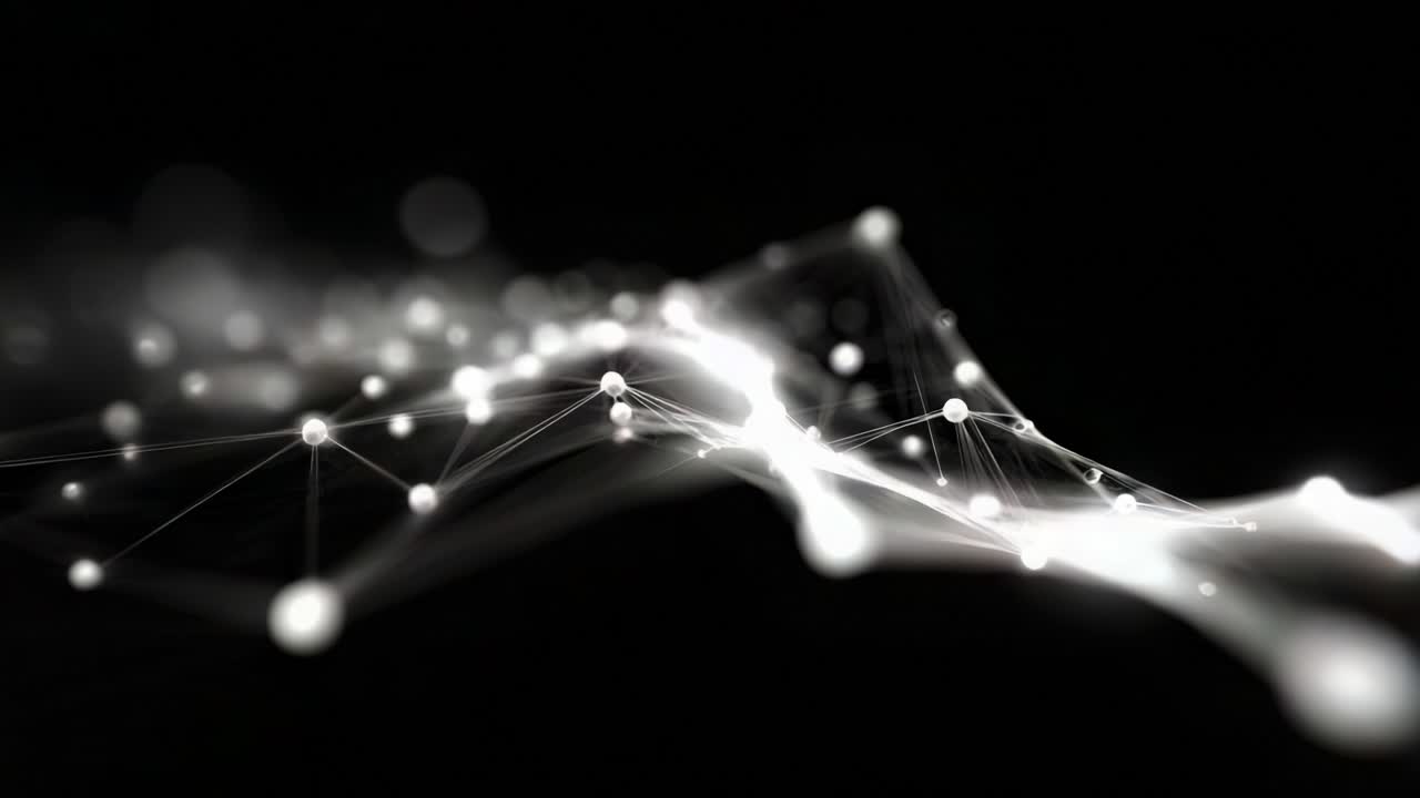 A mesmerizing digital representation of interconnected nodes, showcasing a dynamic network of light and patterns flowing through a dark backdrop, emphasizing the beauty of modern technology and connectivity