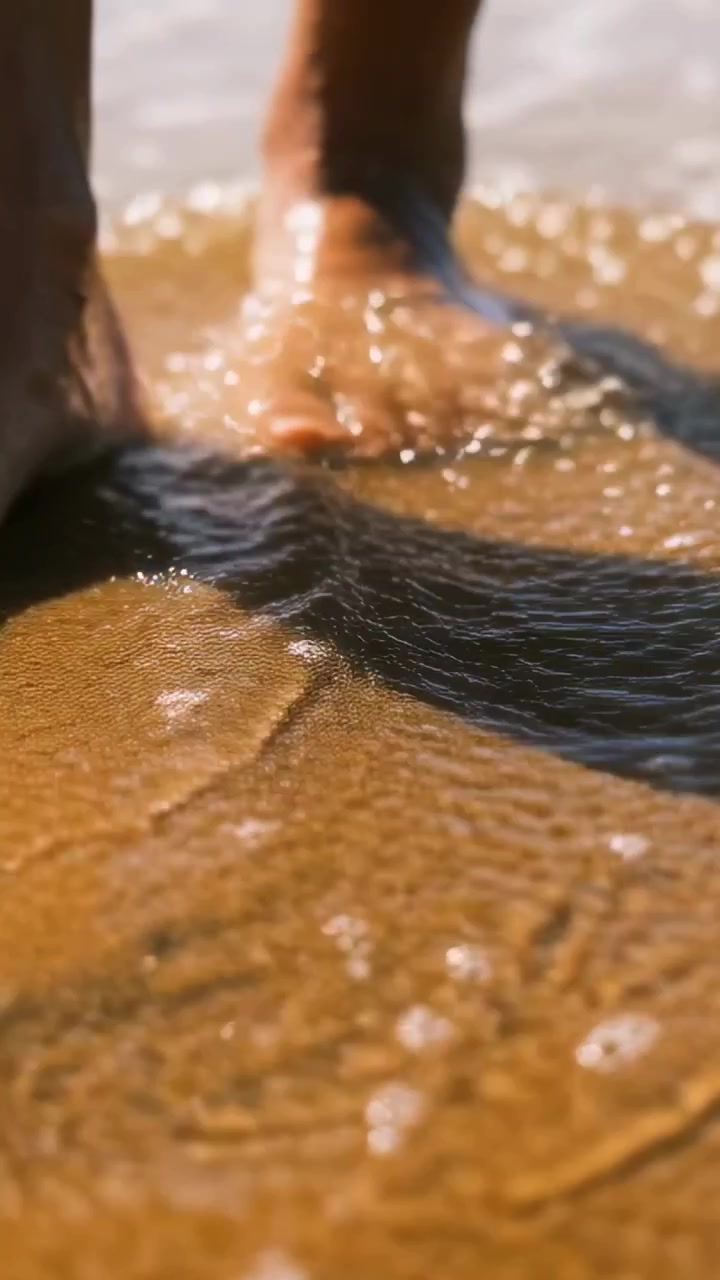 Video verticale: Camminando mentre l'onda le lambisce le dita dei piedi, piedi in pantaloncini che affondano nella sabbia bagnata in spiaggia