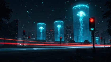 a stunning visual of futuristic cityscapes featuring illuminated water towers with jellyfish projections against a night sky filled with dynamic light trails