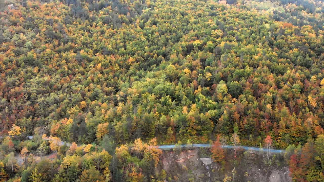 проезжая через удивительные осенние краски во время осеннего сезона в национальном парке дурмитор в черногории