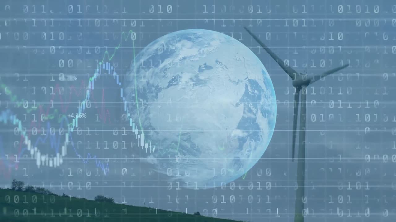 금융 데이터 처리 바이너리 코딩과 풍력 터빈 위의 지구의 애니메이션
