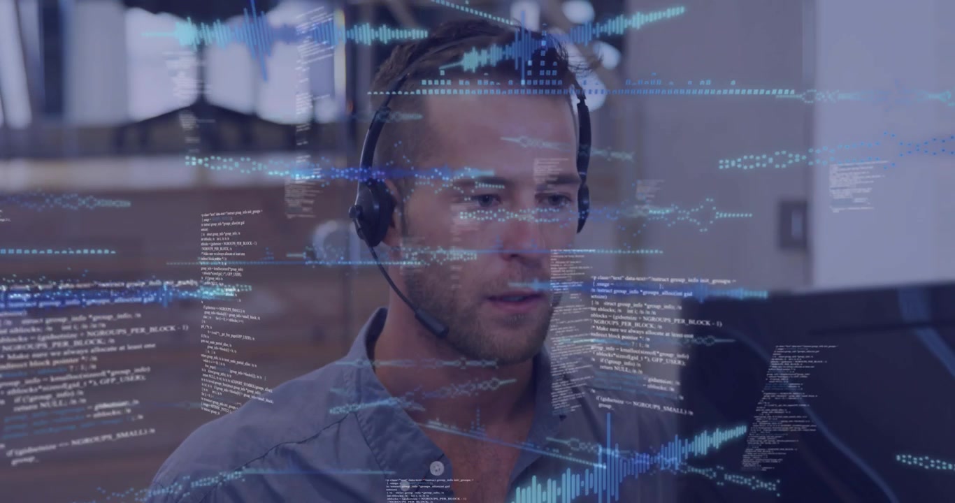 Call representative analyzing code while speaking into mic as overlay appears for customer support
