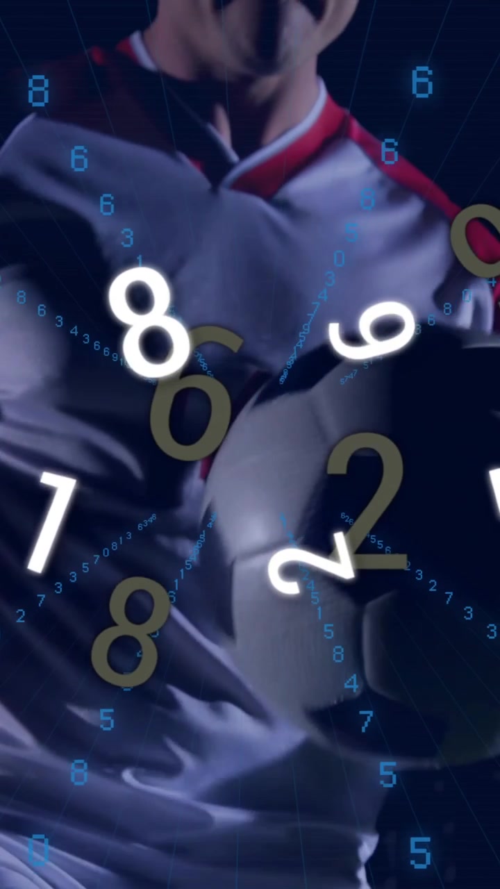 Animation of soccer player in action with numbers overlaying scene