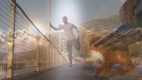 animación de nubes sobre hombre afroamericano corriendo, tomando un descanso, estirando la pierna