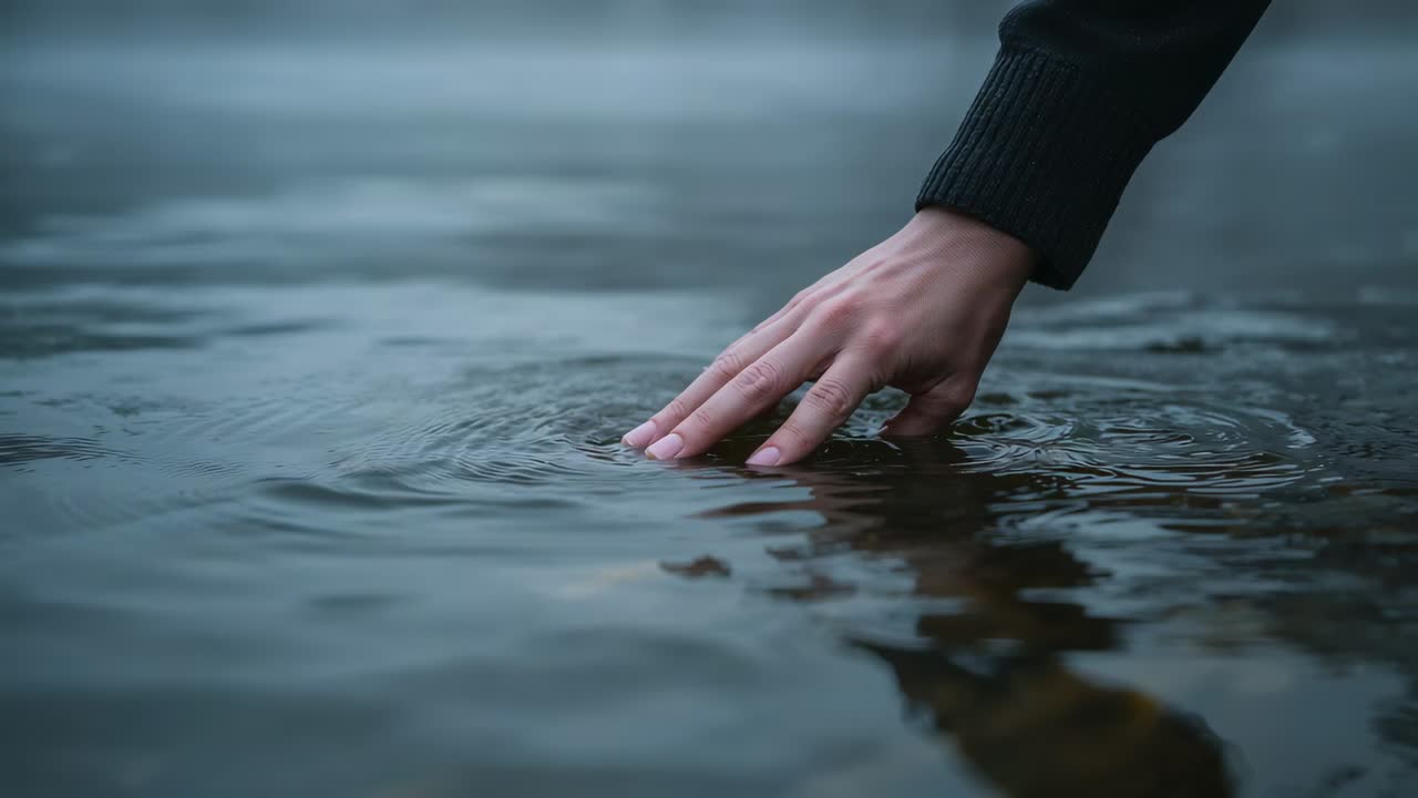 Mano di adulto che indossa una maglia a maniche lunghe scura abbassata, dita che toccano uno stagno creando increspature, spazio per il testo
