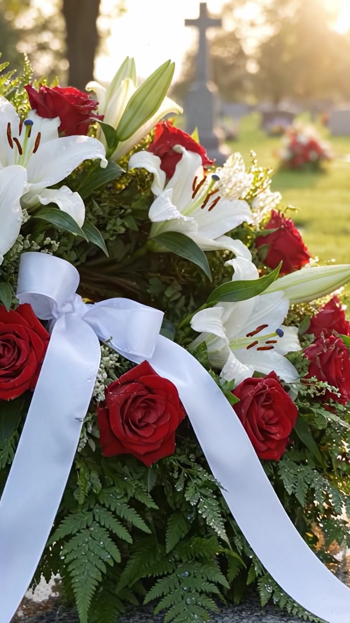 Kırmızı Güller ve Beyaz Zambaklardan Oluşan Güzel Bir Çiçek Çelengi, Huzurlu Bir Mezarlık Ortamında Anma ve Sevginin Özünü Yakalayarak Bir Mezarı Süslüyor.