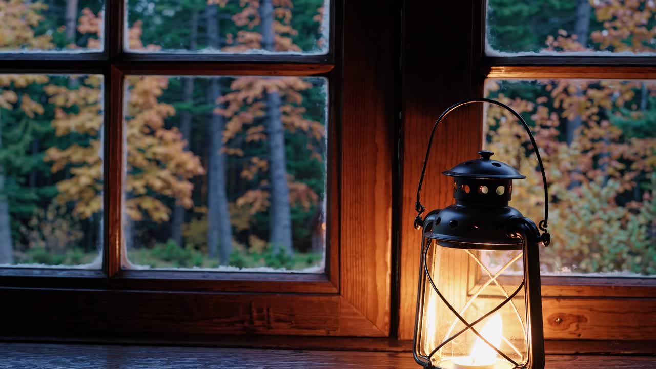 Cozy autumn scene with a lantern by a window, shot from a low angle