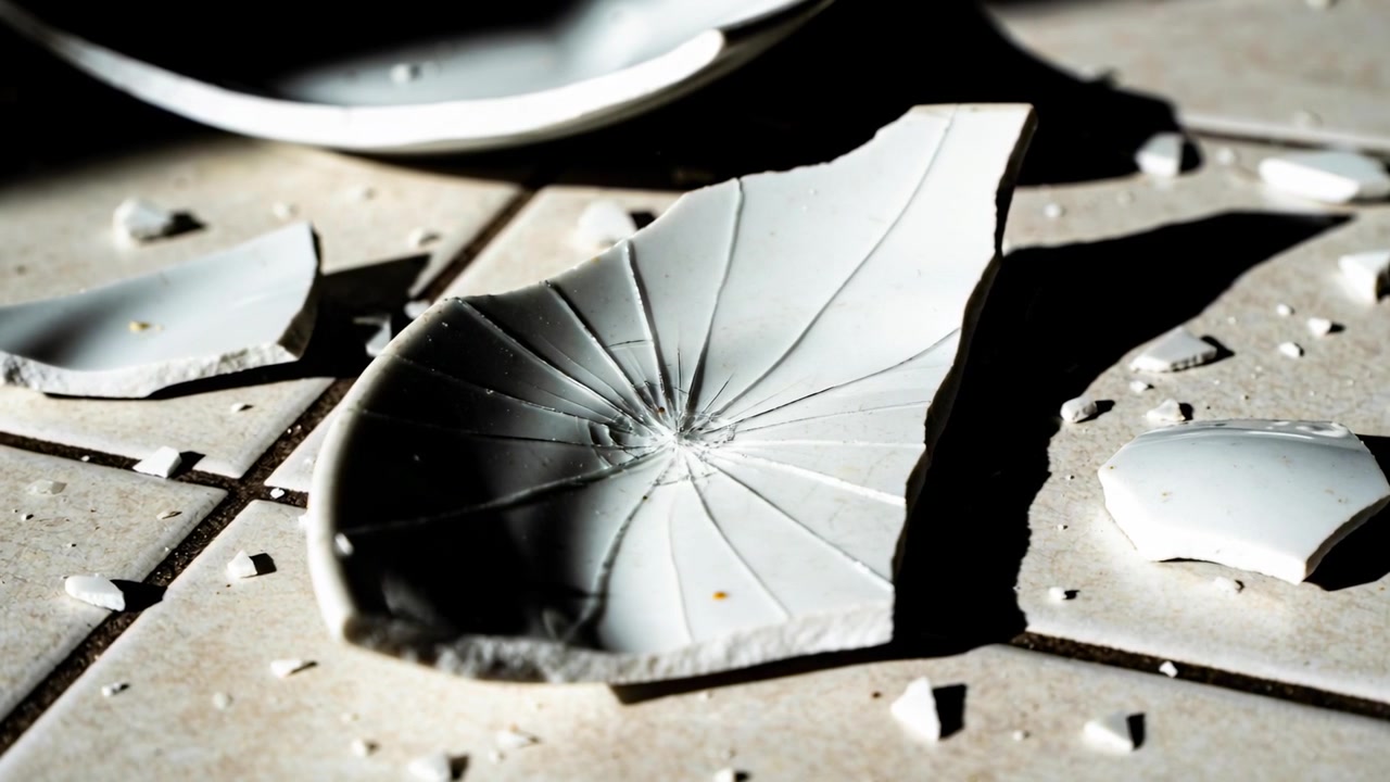 Camera zooming and shifting light, showing concave ceramic shard on tiled floor, revealing cracks