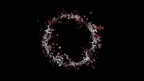 puntos, círculos de varios tamaños, conectados con líneas, cambiando de dirección y creciendo, escalando en formación circular, animación 2d