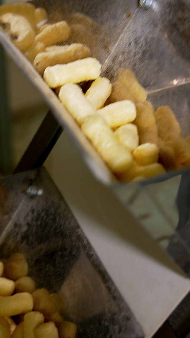 Rising conveyor belt with metal pockets full of snacks. Corn sticks manufacturing at food factory close up. Vertical video
